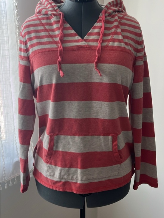 Sweaters - Striped Red and Gray Hooded Pullover